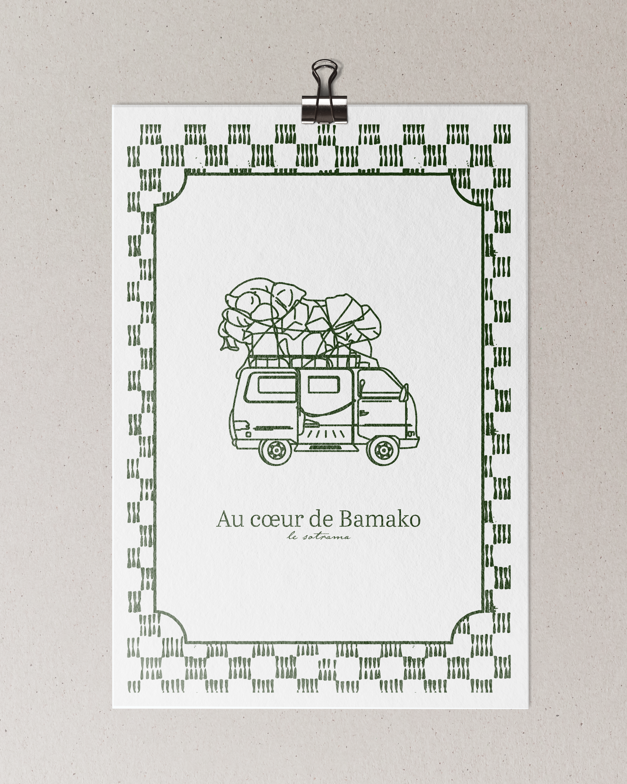 Affiche illustrée contemporaine du bus Sotrama au coeur de Bamako décoration salon