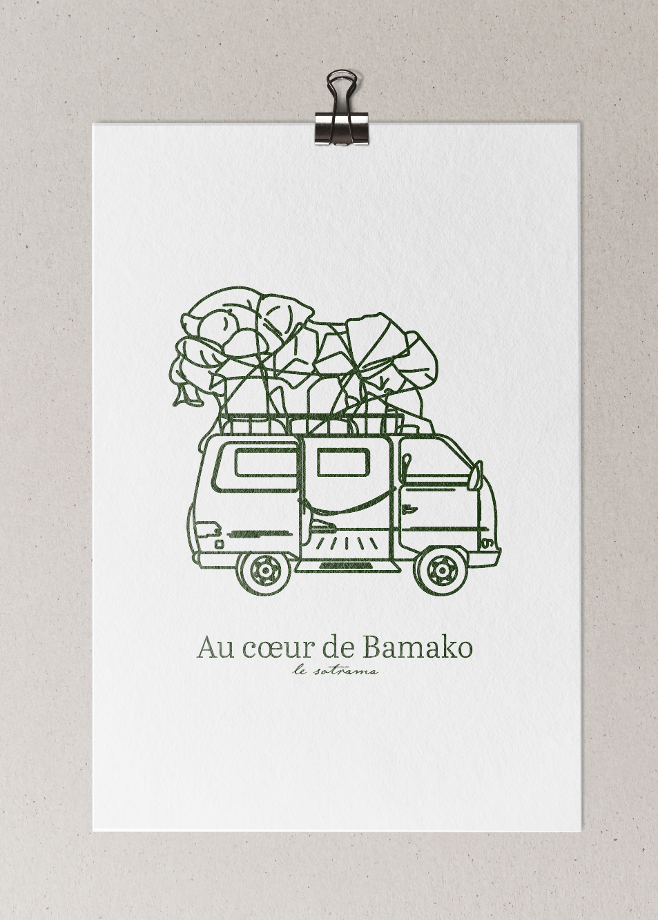 Affiche illustrée contemporaine du bus Sotrama au coeur de Bamako décoration salon